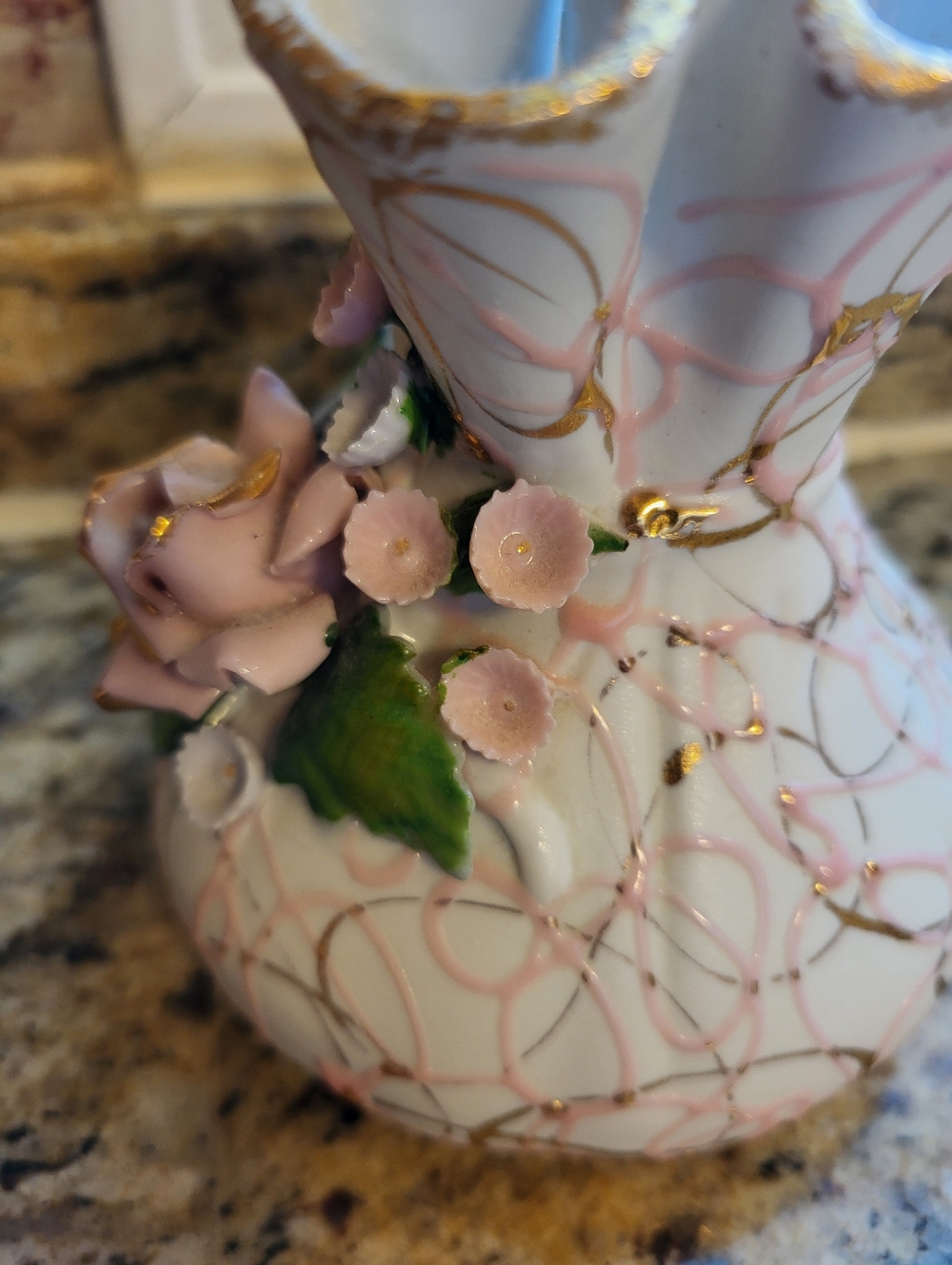Lefton Porcelain Heavily Crimped  Pink Floral Accent Vase with Gold Trim - Picture 12 of 16